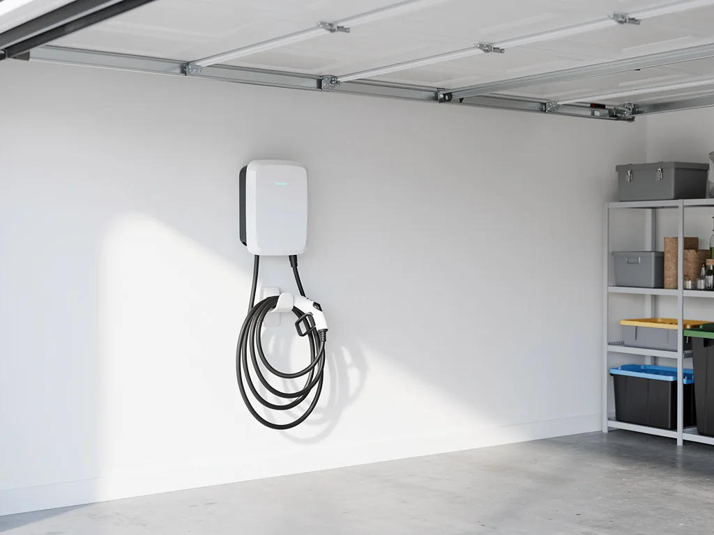Wallbox murale blanche fixée dans le garage d'une maison individuelle