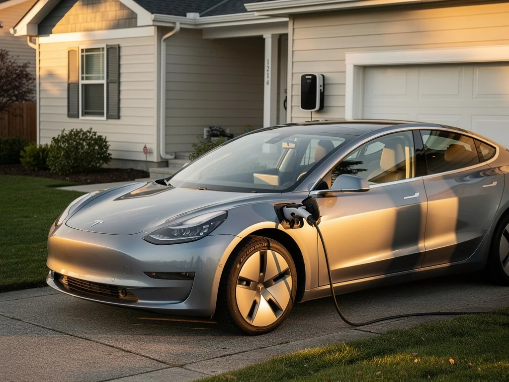 Voiture électrique branchée à une borne de recharge devant un pavillon