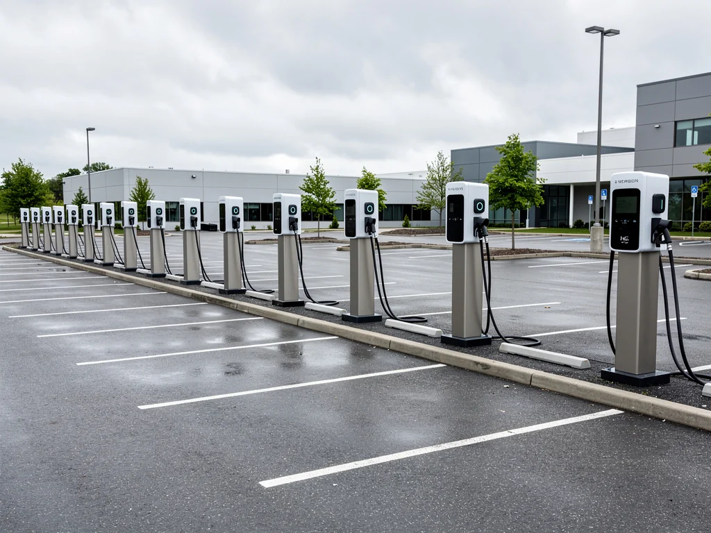 Bornes de recharge sur pied alignées sur le parking d'une entreprise
