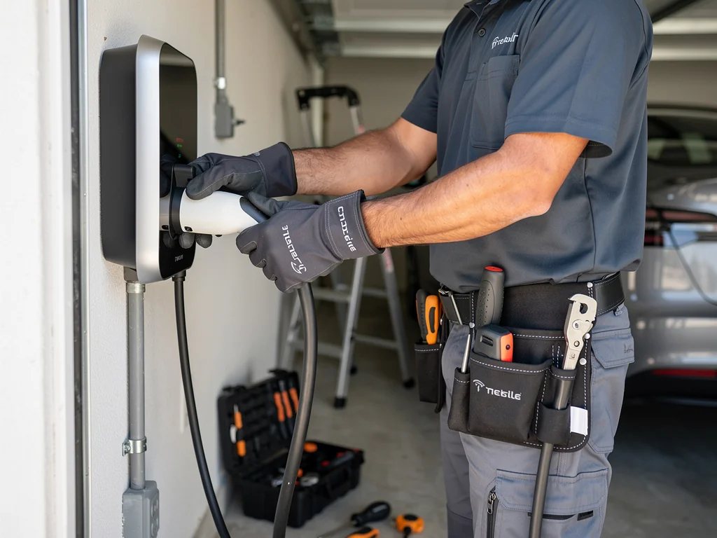 Installateur certifié IRVE raccordant le câble d'une borne murale